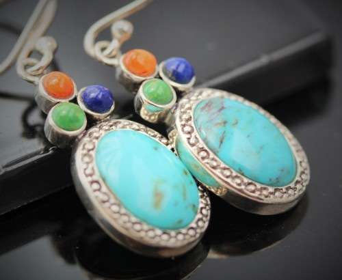 BEAUTIFUL FEMININE TURQUOISE, LAPIS LAZULI AND CORAL STERLING SILVER 925 EARRINGS REAL GEMSTONES
