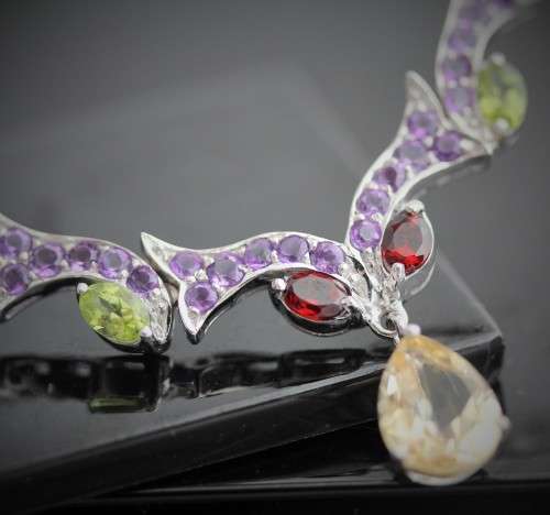 STUNNING AMETHYST, CITRINE, PERIDOT, GARNET, TOPAZ GEMSTONE STERLING SILVER 925 NECKLACE - 13,83g!
