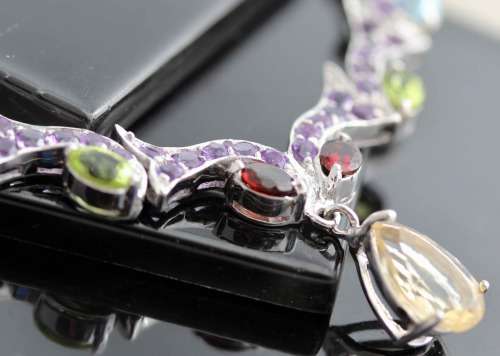 STUNNING AMETHYST, CITRINE, PERIDOT, GARNET, TOPAZ GEMSTONE STERLING SILVER 925 NECKLACE - 13,83g!