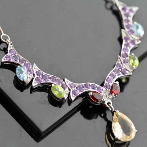 STUNNING AMETHYST, CITRINE, PERIDOT, GARNET, TOPAZ GEMSTONE STERLING SILVER 925 NECKLACE - 13,83g!