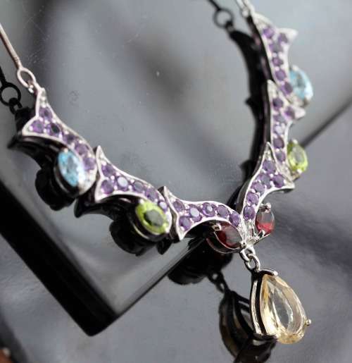 STUNNING AMETHYST, CITRINE, PERIDOT, GARNET, TOPAZ GEMSTONE STERLING SILVER 925 NECKLACE - 13,83g!