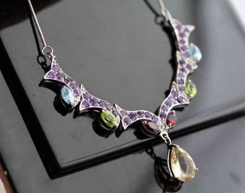 STUNNING AMETHYST, CITRINE, PERIDOT, GARNET, TOPAZ GEMSTONE STERLING SILVER 925 NECKLACE - 13,83g!