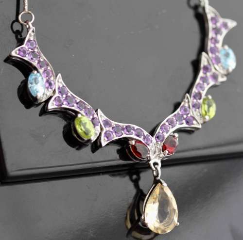 STUNNING AMETHYST, CITRINE, PERIDOT, GARNET, TOPAZ GEMSTONE STERLING SILVER 925 NECKLACE - 13,83g!