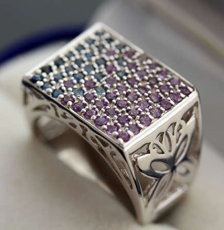 LARGE! BOLD! UNUSUAL SAPPHIRE TANZANITE AND AMETHYST STERLING SILVER RING. 925 REAL GEMSTONES 8,78 g