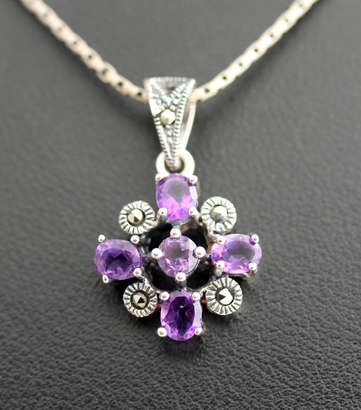 AMETHYST AND MARCASITE STERLING SILVER 925 PENDANT AND CHAIN. DEEP ROYAL PURPLE COLOUR