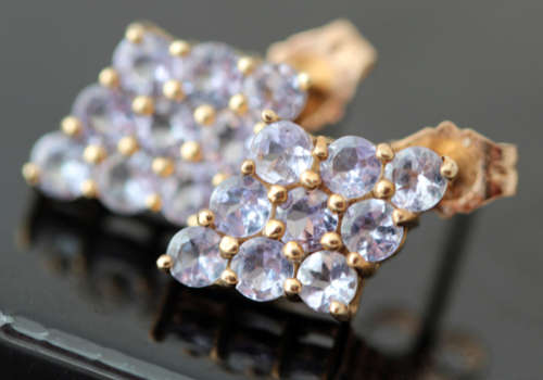 VINTAGE FROM LONDON  LILAC TANZANITE GEMSTONE EARRINGS IN 10ct YELLOW GOLD