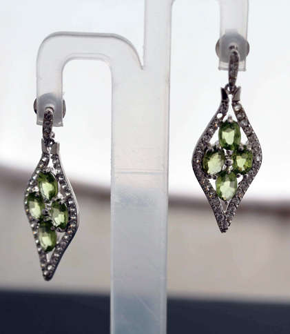 SHOWY LIME GREEN PERIDOT AND ICY CUBIC ZIRCONIA STERLING SILVER EARRINGS. 925. GLAMOUROUS DROPS!