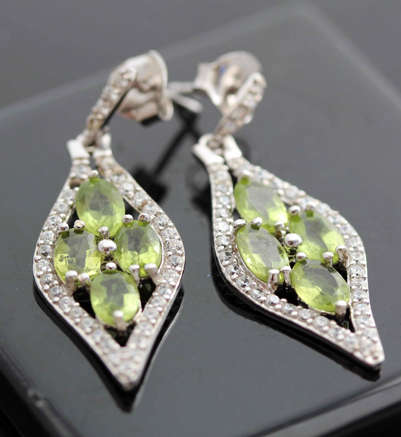 SHOWY LIME GREEN PERIDOT AND ICY CUBIC ZIRCONIA STERLING SILVER EARRINGS. 925. GLAMOUROUS DROPS!