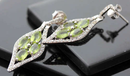 SHOWY LIME GREEN PERIDOT AND ICY CUBIC ZIRCONIA STERLING SILVER EARRINGS. 925. GLAMOUROUS DROPS!