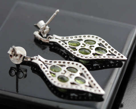 SHOWY LIME GREEN PERIDOT AND ICY CUBIC ZIRCONIA STERLING SILVER EARRINGS. 925. GLAMOUROUS DROPS!