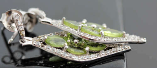 SHOWY LIME GREEN PERIDOT AND ICY CUBIC ZIRCONIA STERLING SILVER EARRINGS. 925. GLAMOUROUS DROPS!