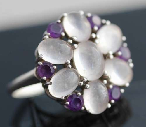 GORGEOUS AMETHYST & ROSE QUARTZ STERLING SILVER 925 CLUSTER RING GEM CERTIFICATE of AUTHENTICITY Inc