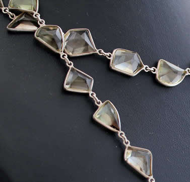 VINTAGE VERY LONG STERLING SILVER NECKLACE LEMON QUARTZ GEMSTONES ORGANIC HANDMADE