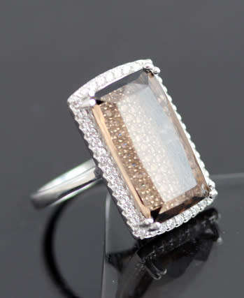 UNUSUAL RECTANGULAR SMOKY QUARTZ STERLING SILVER RING ON VISIBLE BED OF PAVE CRYSTALS