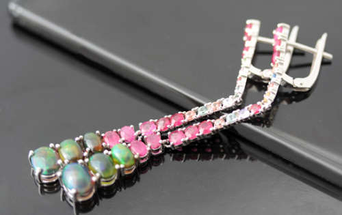 VERY LONG STERLING EARRINGS SET WITH REAL BLACK OPALS, RUBIES AND NATURAL SAPPHIRES - 70mm LONG!