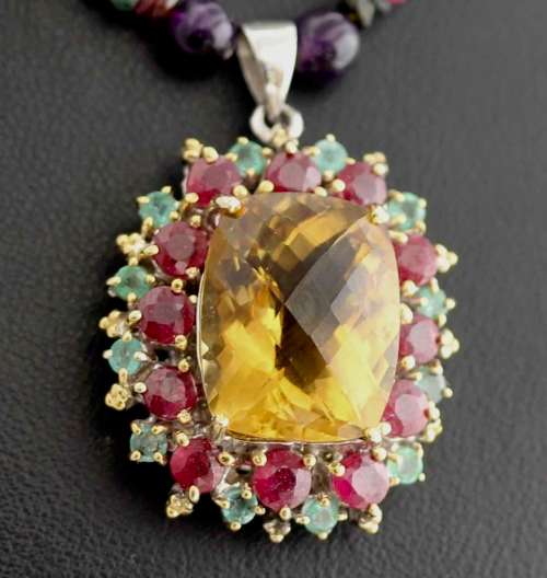CITRINE, RUBY AND EMERALD PENDANT. RICH COLOURS! HEAVY STERLING SILVER AND TOURMALINE NECKLACE