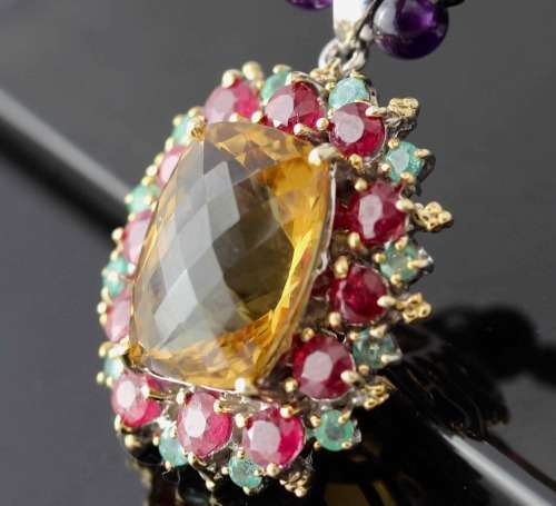 CITRINE, RUBY AND EMERALD PENDANT. RICH COLOURS! HEAVY STERLING SILVER AND TOURMALINE NECKLACE