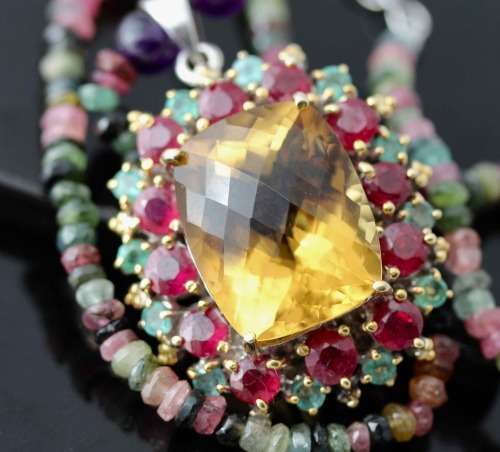 CITRINE, RUBY AND EMERALD PENDANT. RICH COLOURS! HEAVY STERLING SILVER AND TOURMALINE NECKLACE