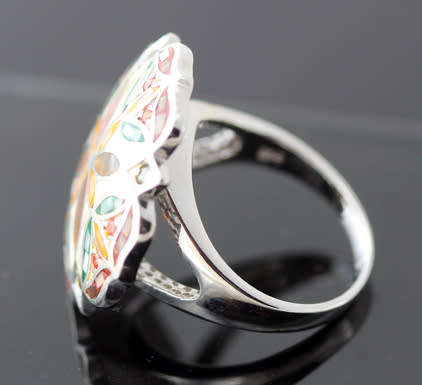 LARGE MOTHER OF PEARL FLORAL HANDCRAFTED MOSAIC DESIGN STERLING SILVER RING. 'JEWLLERY ART!'