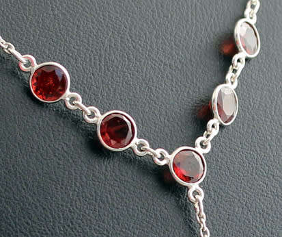 ELEGANT LONG T-SHAPE STERLING SILVER CABLE LINK CHAIN WITH DEEP RED GARNETS. 925