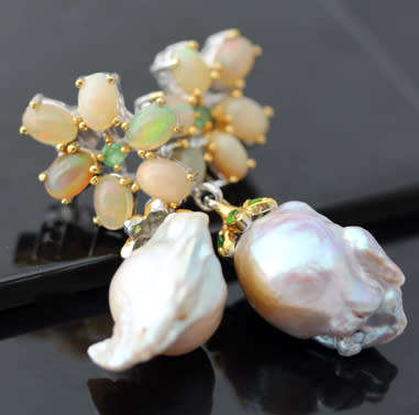 HANDMADE BAROQUE PEARL, FIRE OPAL AND EMERALD STERLING SILVER EARRINGS. BIG!
