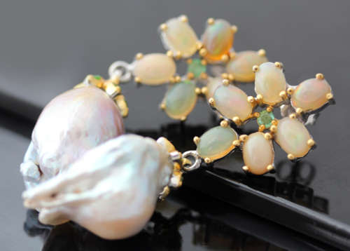HANDMADE BAROQUE PEARL, FIRE OPAL AND EMERALD STERLING SILVER EARRINGS. BIG!