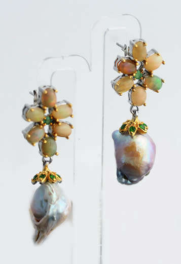 HANDMADE BAROQUE PEARL, FIRE OPAL AND EMERALD STERLING SILVER EARRINGS. BIG!
