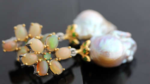 HANDMADE BAROQUE PEARL, FIRE OPAL AND EMERALD STERLING SILVER EARRINGS. BIG!