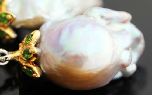HANDMADE BAROQUE PEARL, FIRE OPAL AND EMERALD STERLING SILVER EARRINGS. BIG!
