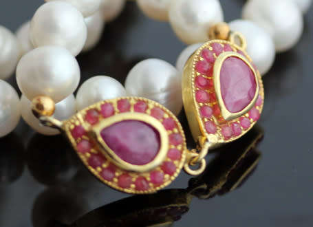 VERY LONG 83cm PEARL NECKLACE WITH ELEGANT FEATURE NATURAL RUBIES IN GOLD-HUED STERLING SILVER