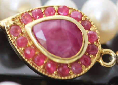 VERY LONG 83cm PEARL NECKLACE WITH ELEGANT FEATURE NATURAL RUBIES IN GOLD-HUED STERLING SILVER