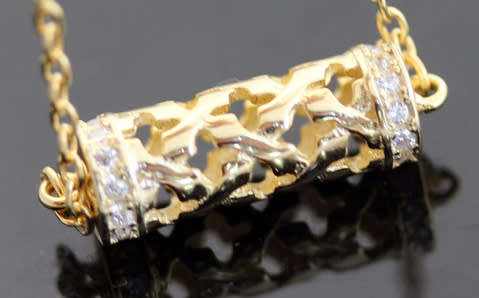 ELEGANT & FUNKY GOLD HUED STERLING SILVER CHAIN NECKLACE HORIZONTAL BEAD DETAIL AND CUBIC ZIRCONIA