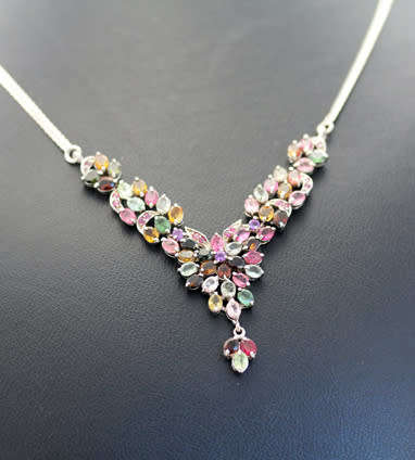 NATURAL GEMSTONE TOURMALINE, AMETHYST & RUBY NECKLACE. EYECATCHING STERLING SILVER FLORAL 'Y' DESIGN