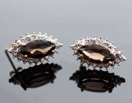 VINTAGE MARQUISE CUT SMOKY QUARTZ 9CT GOLD STUD EARRINGS WITH DIAMOND ACCENTS. 375