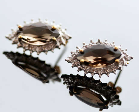 VINTAGE MARQUISE CUT SMOKY QUARTZ 9CT GOLD STUD EARRINGS WITH DIAMOND ACCENTS. 375