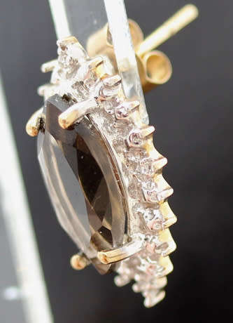VINTAGE MARQUISE CUT SMOKY QUARTZ 9CT GOLD STUD EARRINGS WITH DIAMOND ACCENTS. 375