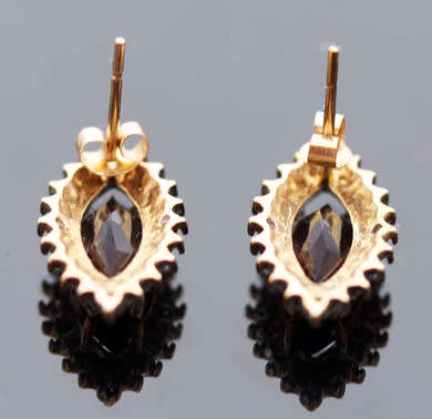 VINTAGE MARQUISE CUT SMOKY QUARTZ 9CT GOLD STUD EARRINGS WITH DIAMOND ACCENTS. 375