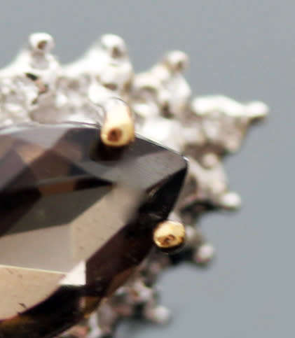 VINTAGE MARQUISE CUT SMOKY QUARTZ 9CT GOLD STUD EARRINGS WITH DIAMOND ACCENTS. 375