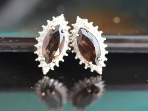 VINTAGE MARQUISE CUT SMOKY QUARTZ 9CT GOLD STUD EARRINGS WITH DIAMOND ACCENTS. 375