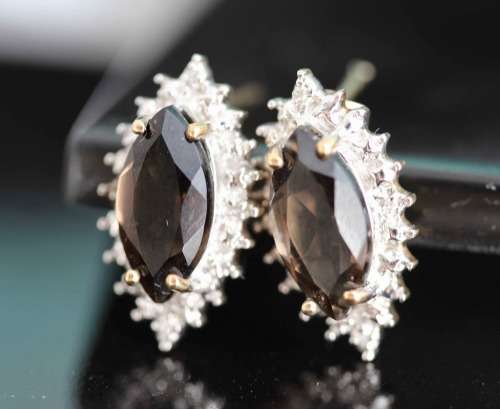 VINTAGE MARQUISE CUT SMOKY QUARTZ 9CT GOLD STUD EARRINGS WITH DIAMOND ACCENTS. 375