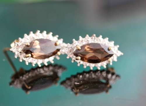 VINTAGE MARQUISE CUT SMOKY QUARTZ 9CT GOLD STUD EARRINGS WITH DIAMOND ACCENTS. 375