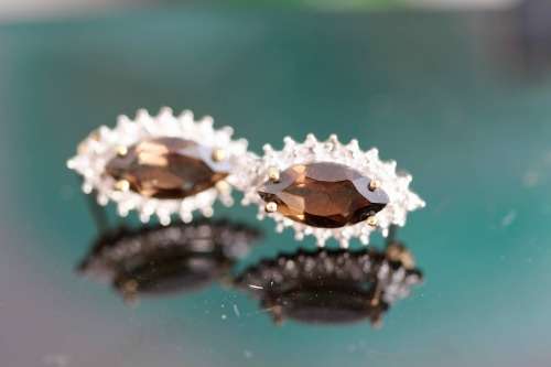 VINTAGE MARQUISE CUT SMOKY QUARTZ 9CT GOLD STUD EARRINGS WITH DIAMOND ACCENTS. 375