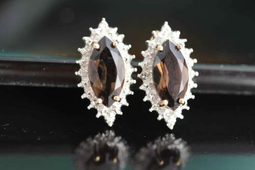 VINTAGE MARQUISE CUT SMOKY QUARTZ 9CT GOLD STUD EARRINGS WITH DIAMOND ACCENTS. 375