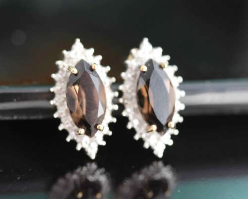 VINTAGE MARQUISE CUT SMOKY QUARTZ 9CT GOLD STUD EARRINGS WITH DIAMOND ACCENTS. 375