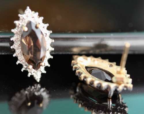 VINTAGE MARQUISE CUT SMOKY QUARTZ 9CT GOLD STUD EARRINGS WITH DIAMOND ACCENTS. 375