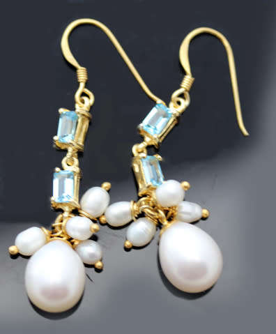 SKY BLUE TOPAZ AND NATURAL PEARL GOLD-HUED STERLING SILVER DROP&DANGLE EARRINGS. 925