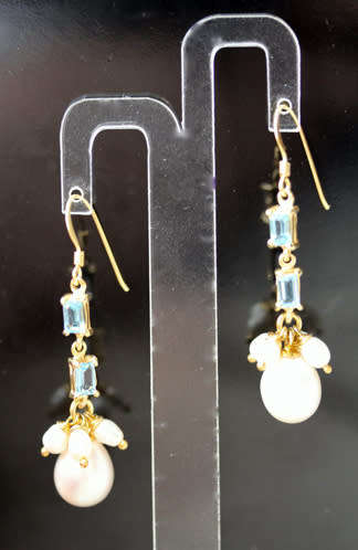 SKY BLUE TOPAZ AND NATURAL PEARL GOLD-HUED STERLING SILVER DROP&DANGLE EARRINGS. 925