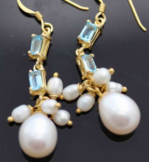 SKY BLUE TOPAZ AND NATURAL PEARL GOLD-HUED STERLING SILVER DROP&DANGLE EARRINGS. 925