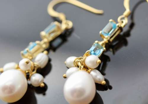 SKY BLUE TOPAZ AND NATURAL PEARL GOLD-HUED STERLING SILVER DROP&DANGLE EARRINGS. 925