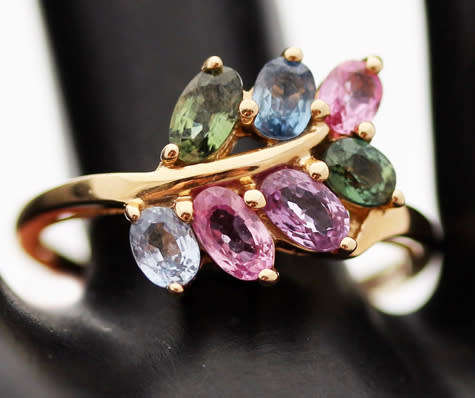 14K YELLOW GOLD NATURAL SAPPHIRE LEAF FROND RING. 375. AFRICA-MINED SAPPHIRES.